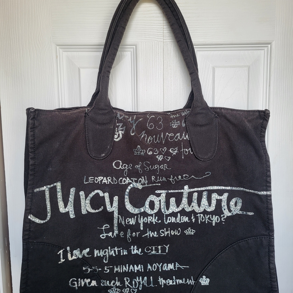 Vintage Y2K Juicy Couture Rhinestone Graffiti Black Canvas Tote Bag 15x14